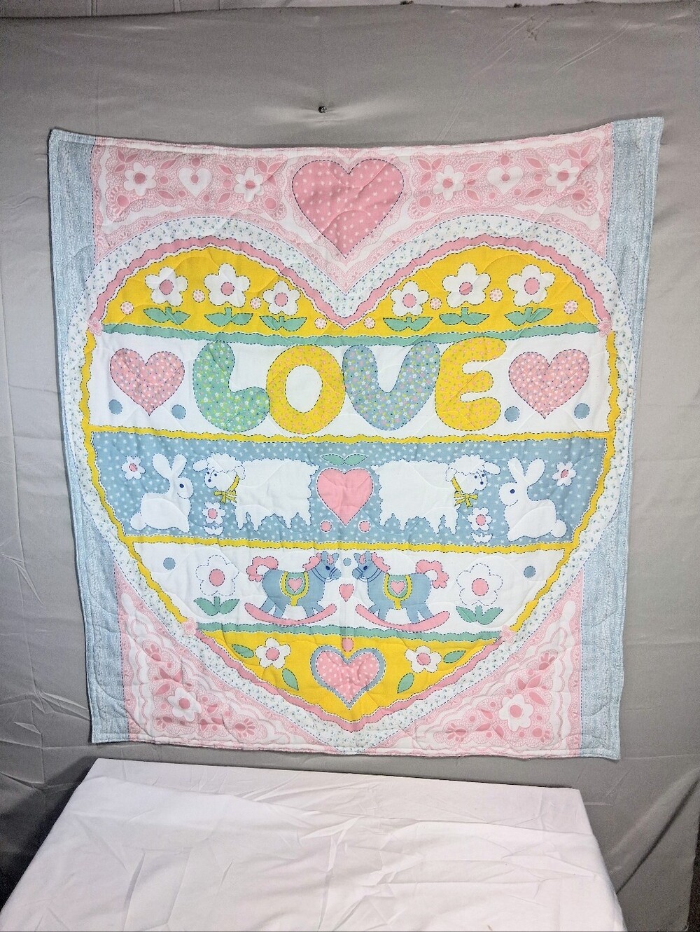 Cute 1980's Vintage 36" X 33" Pastel "Love" Applique Style Crib/Stroller Quilt - Picture 11 of 11